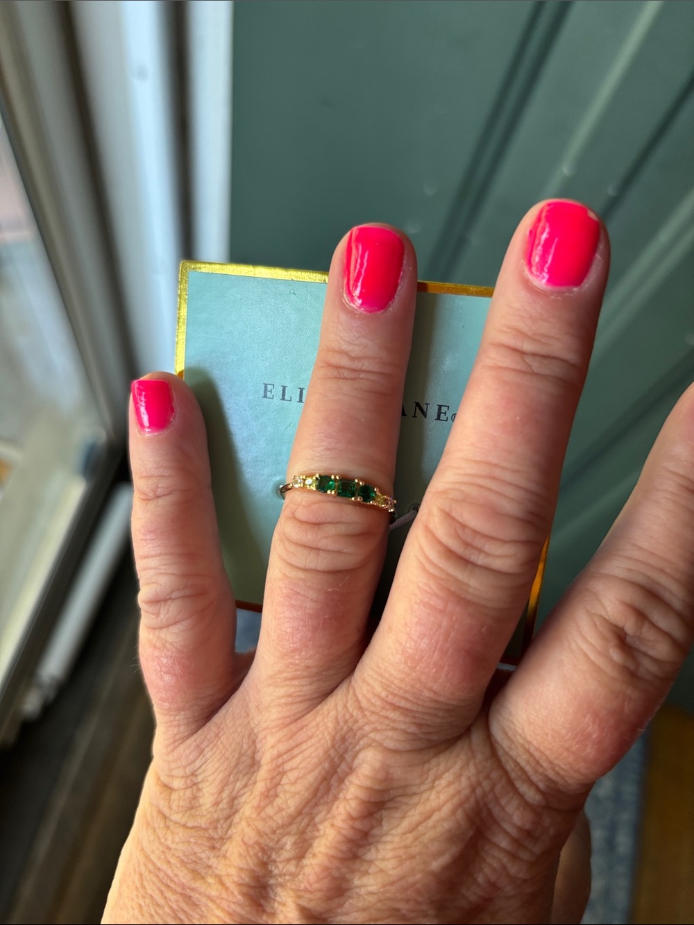 Elizabeth and James 18kt Gold plated Band Ring with Green Stones